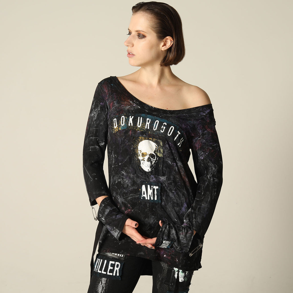 Off-shoulder skull tunic
