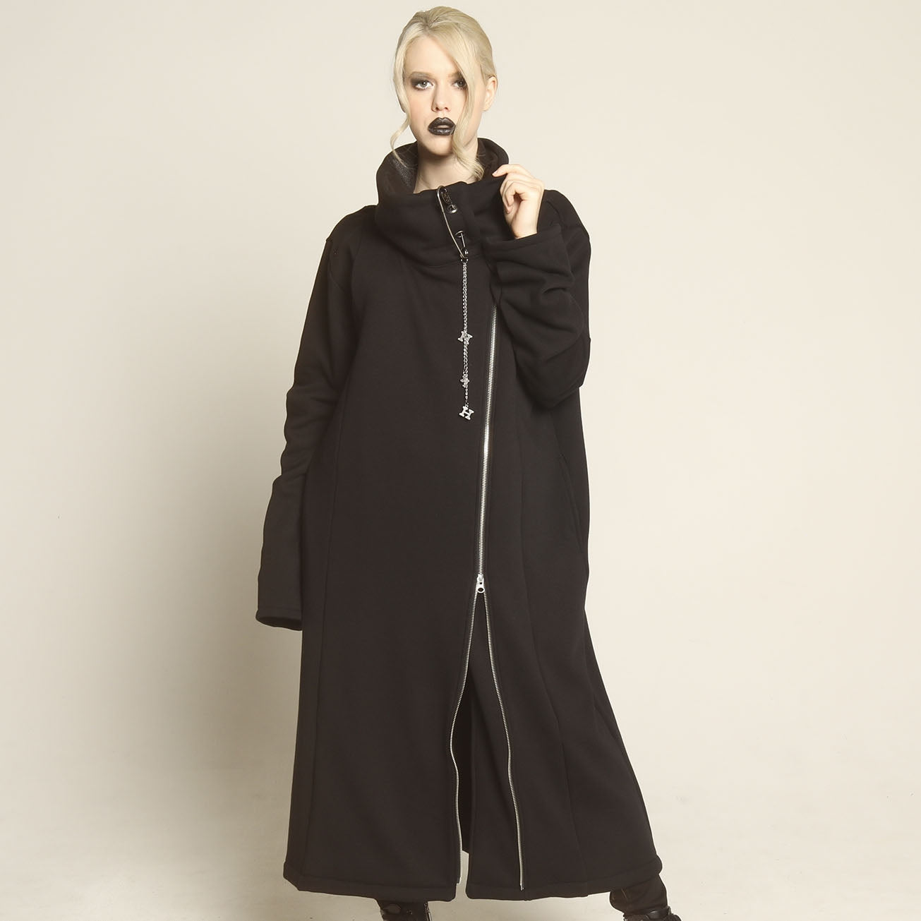 High neck pin long coat