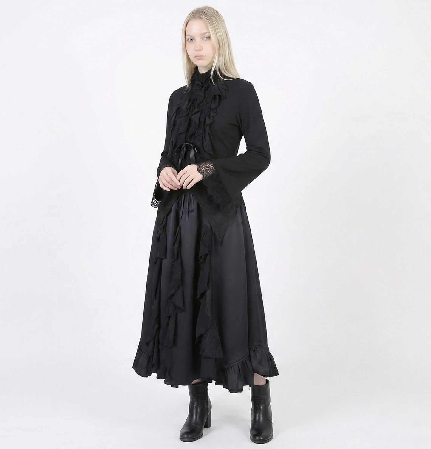 Gothic Ruffle Wrap-Style Flared Maxi Skirt