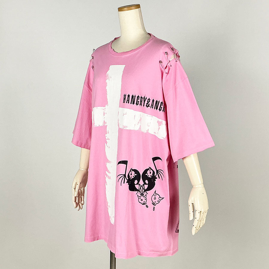Hand-drawn cross oversize T-sh / PINK
