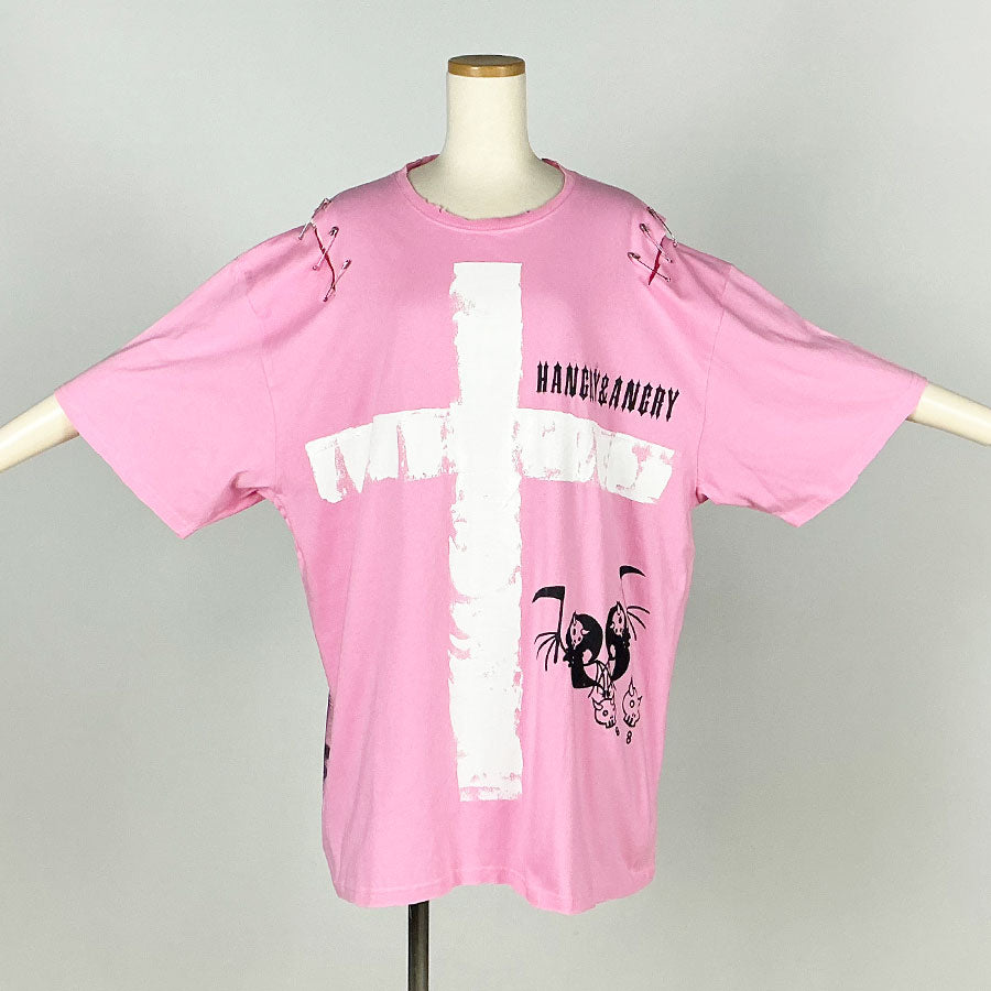 Hand-drawn cross oversize T-sh / PINK