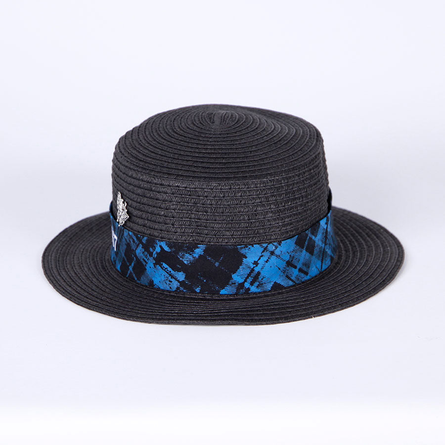 Checkered Boater Hat with Butterfly Charm