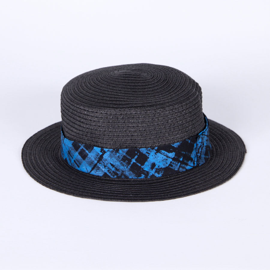 Checkered Boater Hat with Butterfly Charm