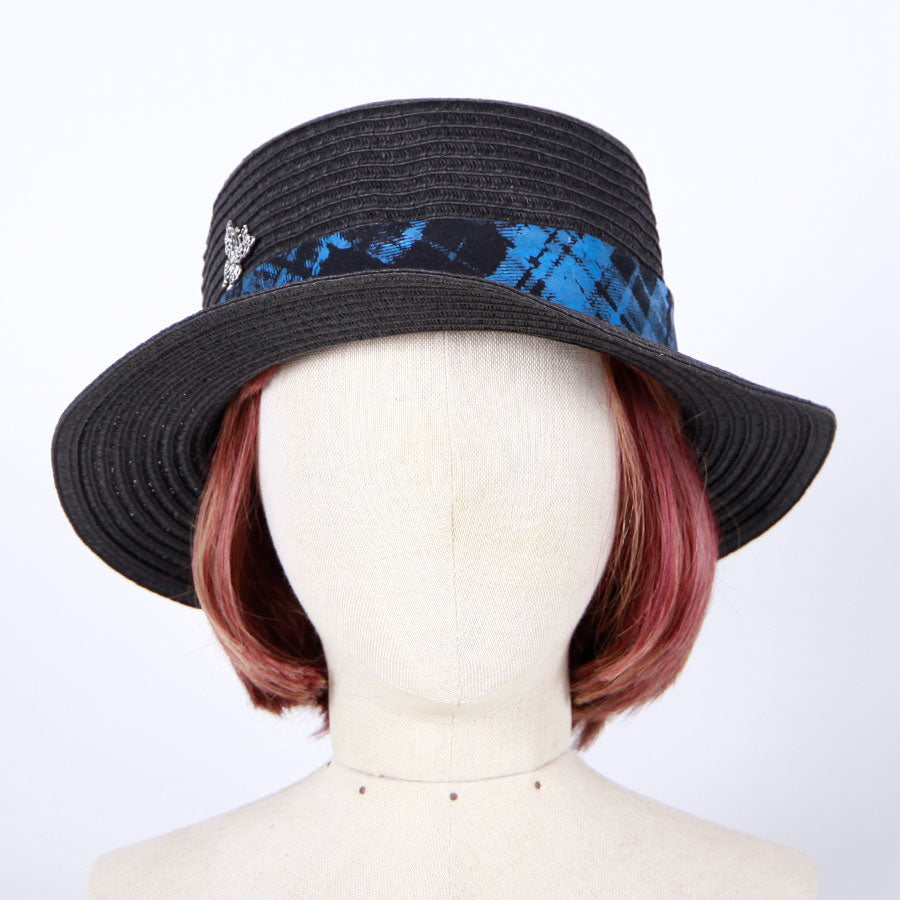 Checkered Boater Hat with Butterfly Charm