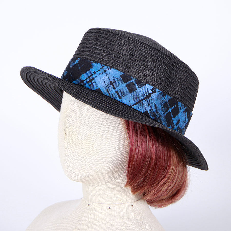 Checkered Boater Hat with Butterfly Charm