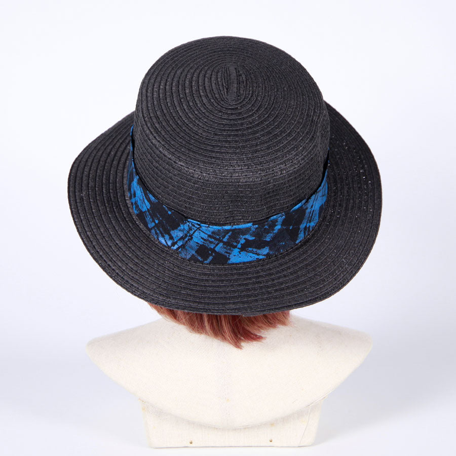 Checkered Boater Hat with Butterfly Charm