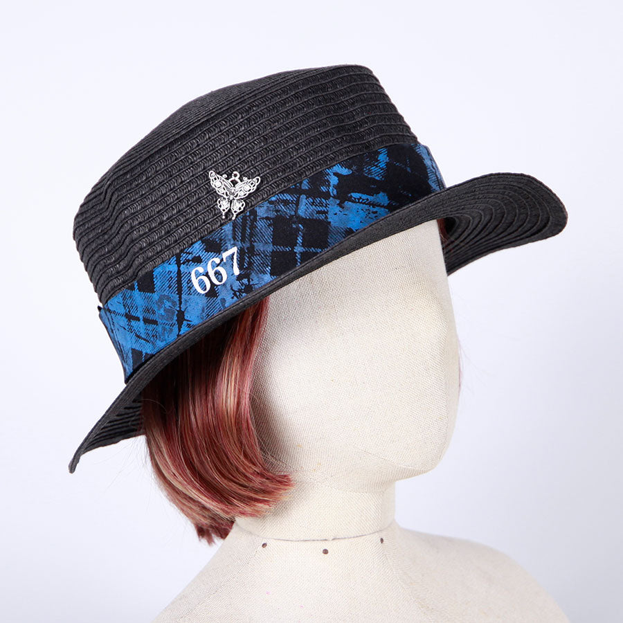 Checkered Boater Hat with Butterfly Charm