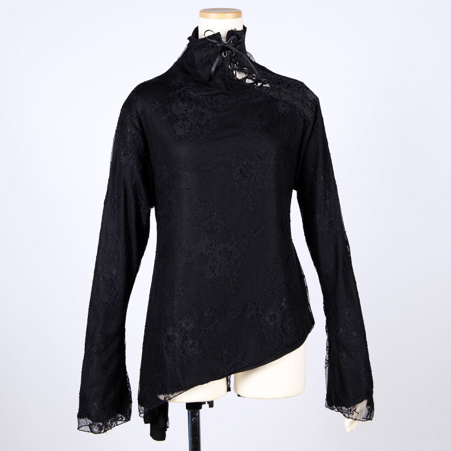 Asymmetrical Lace Overlay High-Neck Top