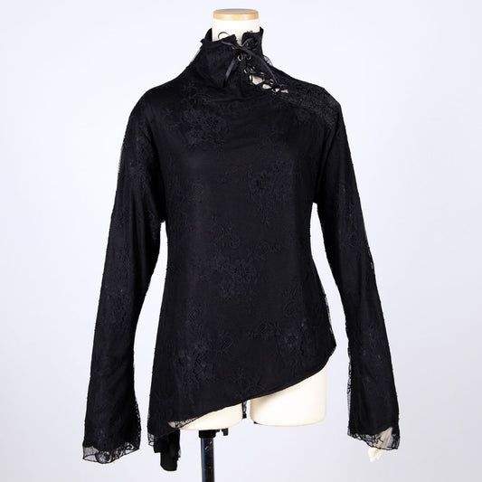 Asymmetrical Lace Overlay High-Neck Top