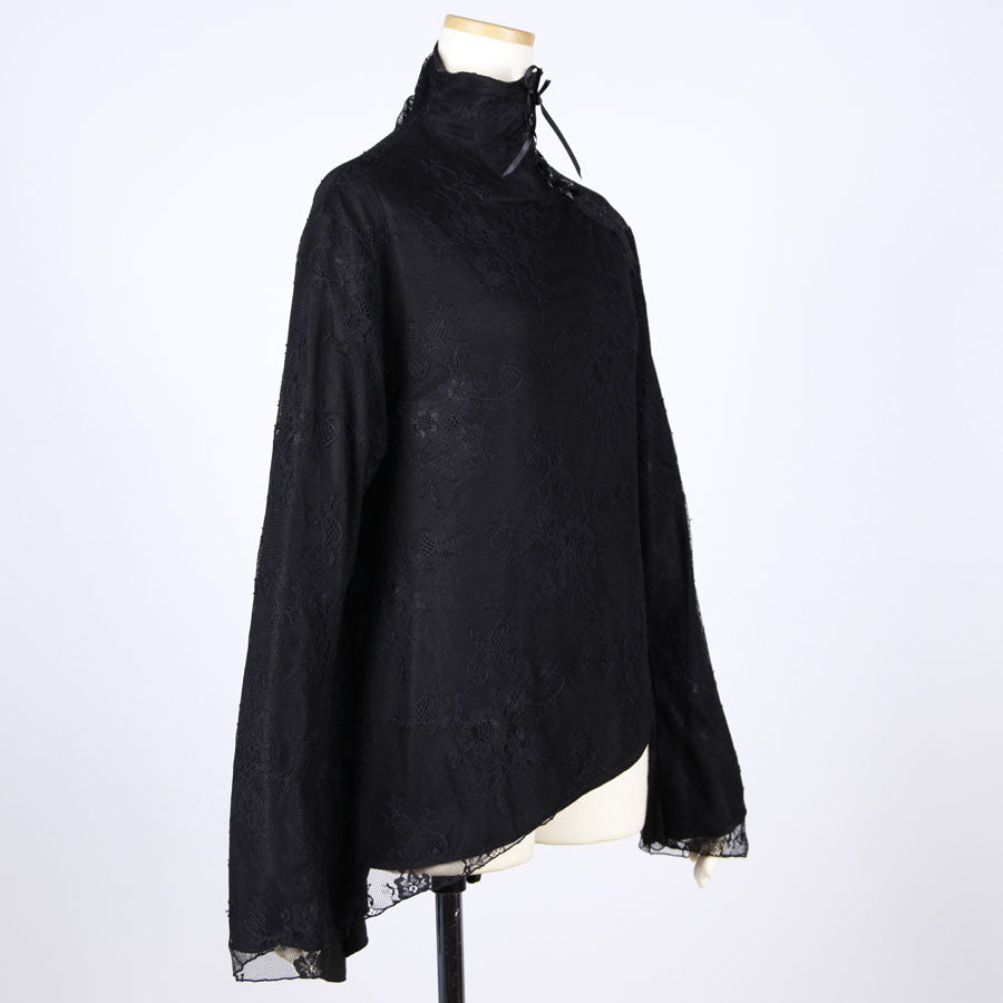 Asymmetrical Lace Overlay High-Neck Top
