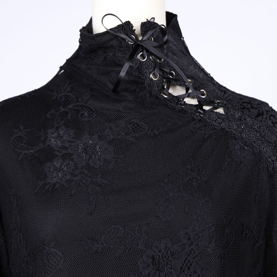 Asymmetrical Lace Overlay High-Neck Top