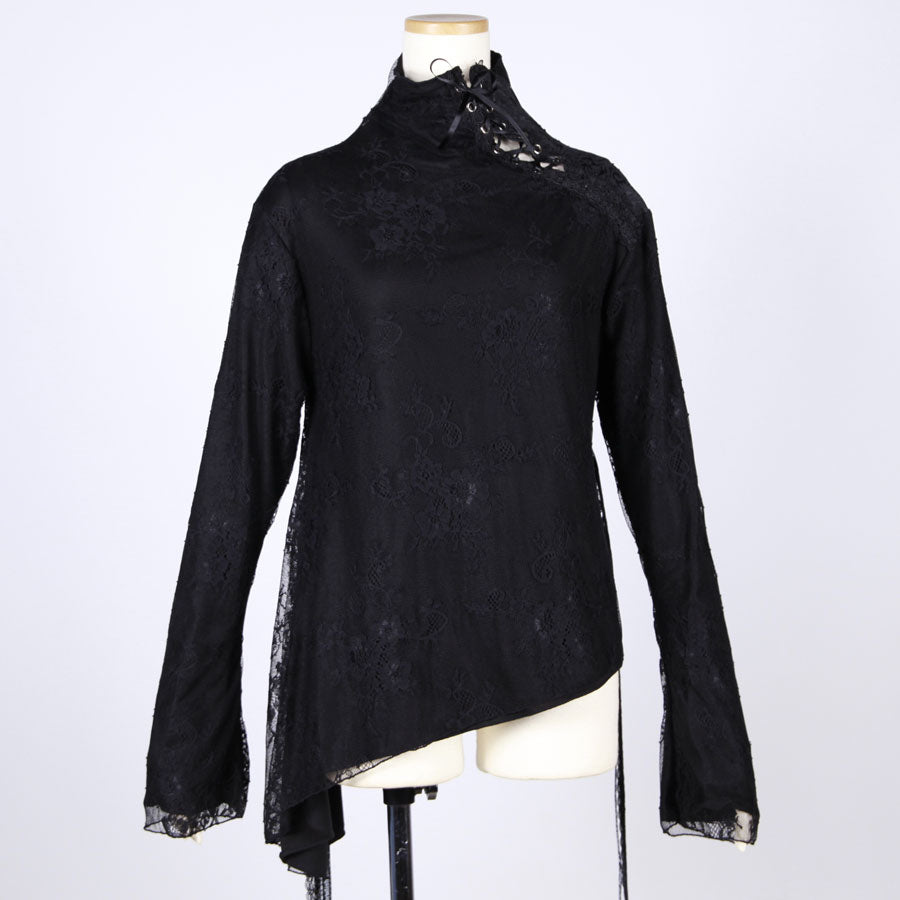 Asymmetrical Lace Overlay High-Neck Top