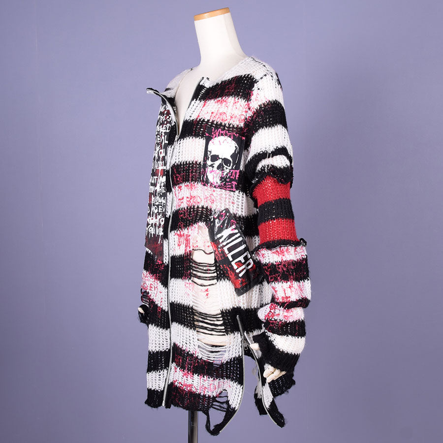 Destroy Border Mohair Cardigan / WH-BK