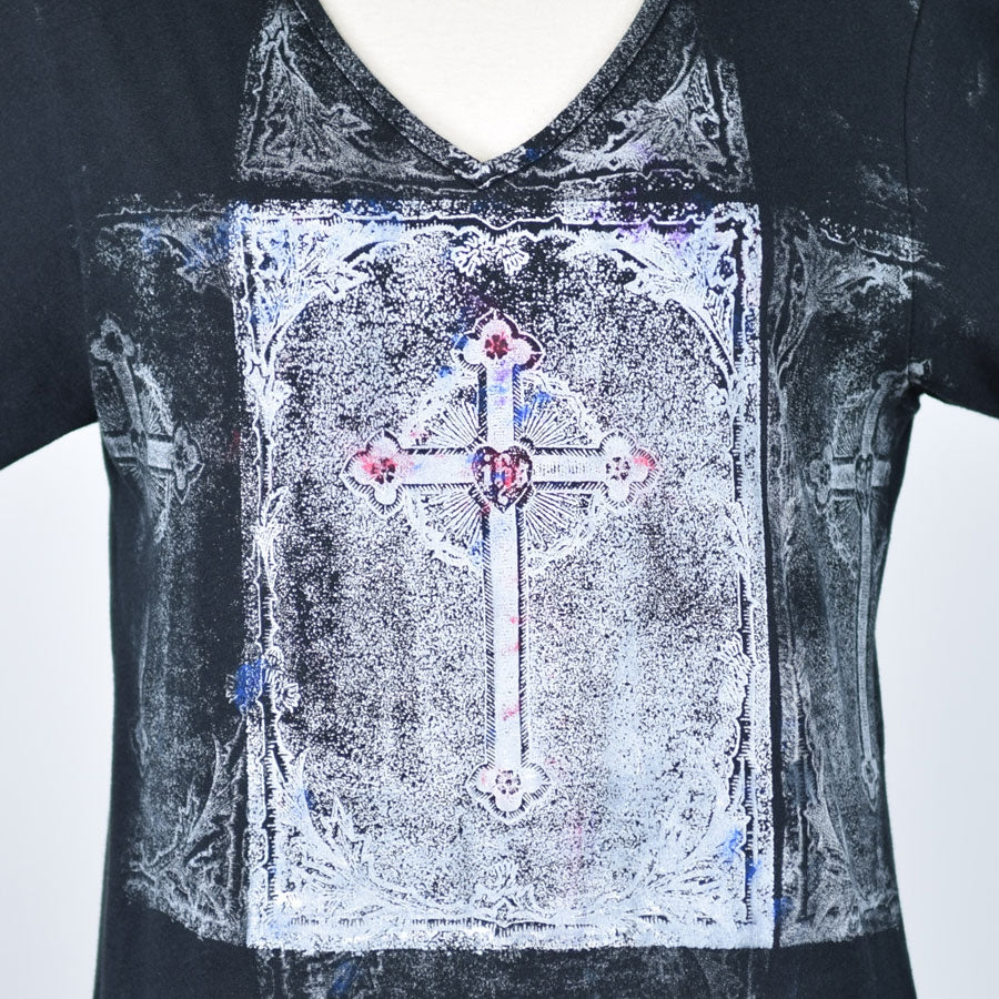 Cross Paint V Neck Long Sleeve T-SH