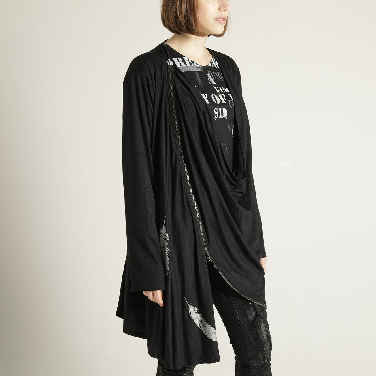 Zipper Drape Feather Cardigan