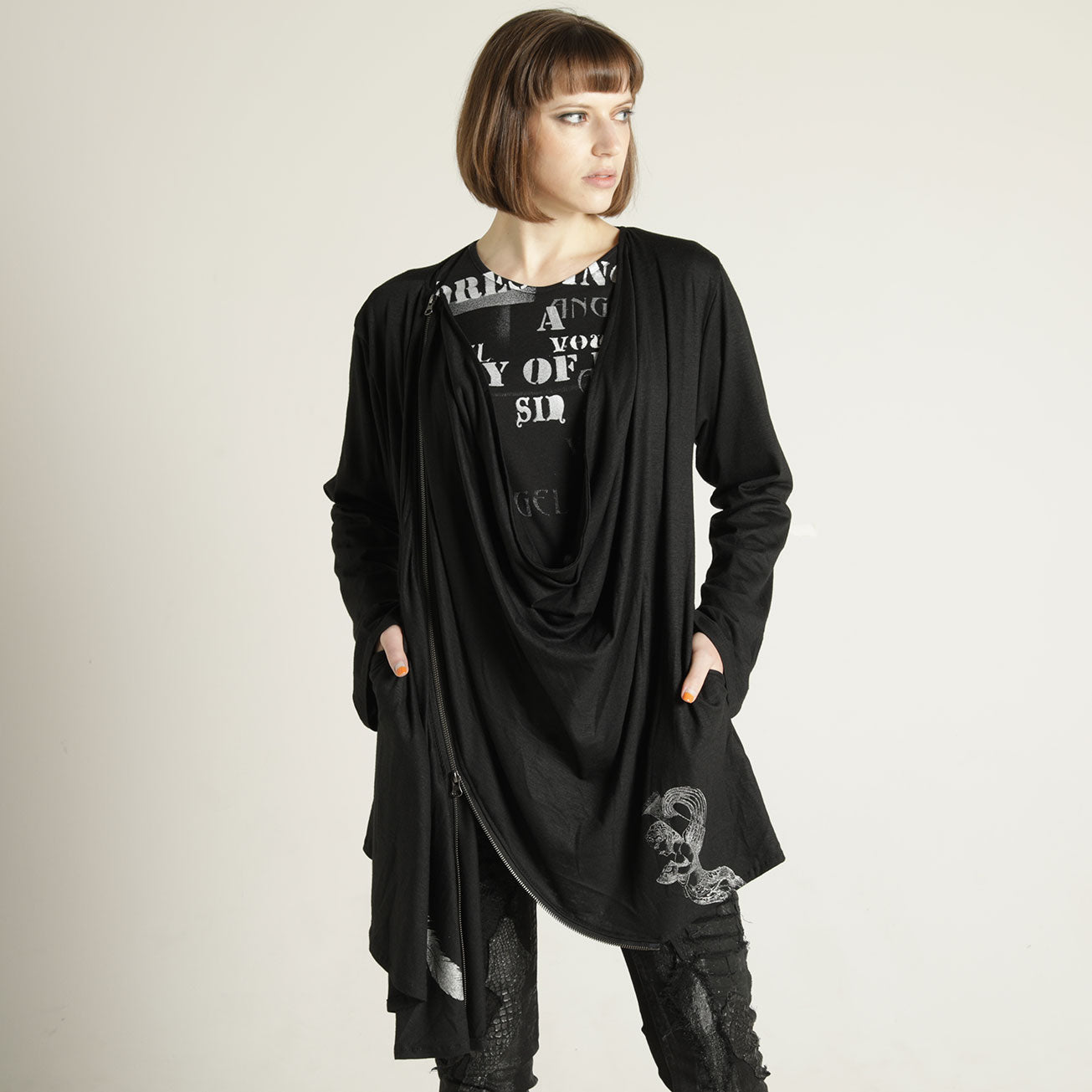 Zipper Drape Feather Cardigan