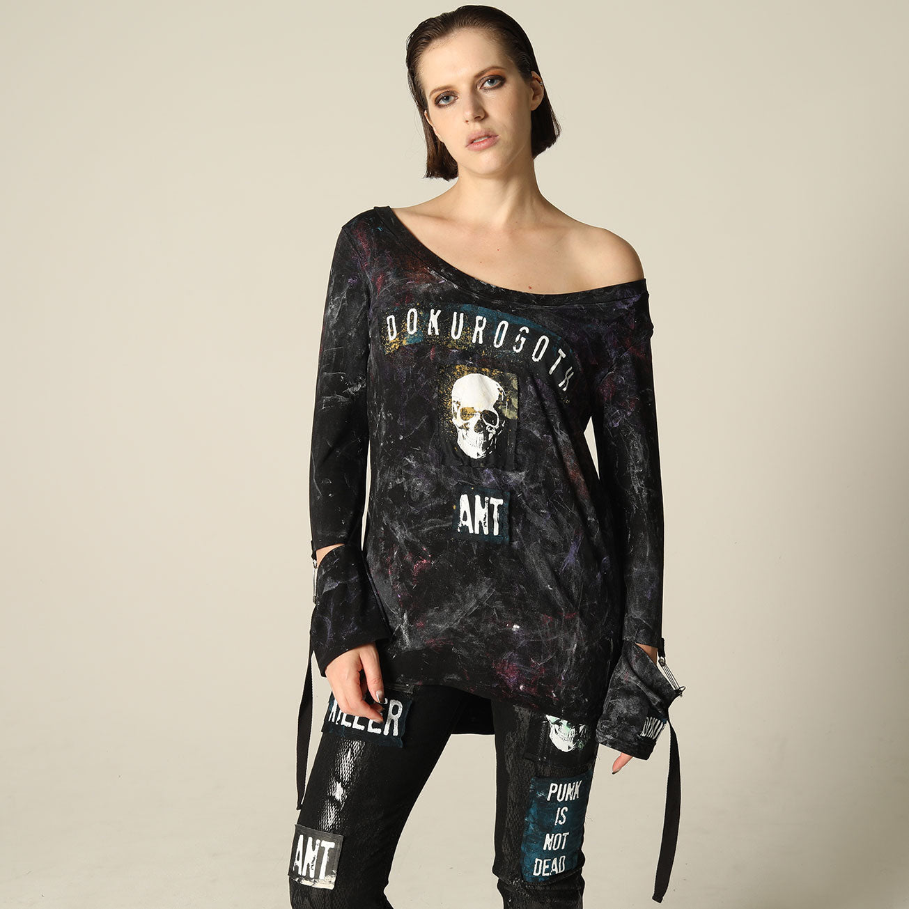 Off-shoulder skull tunic